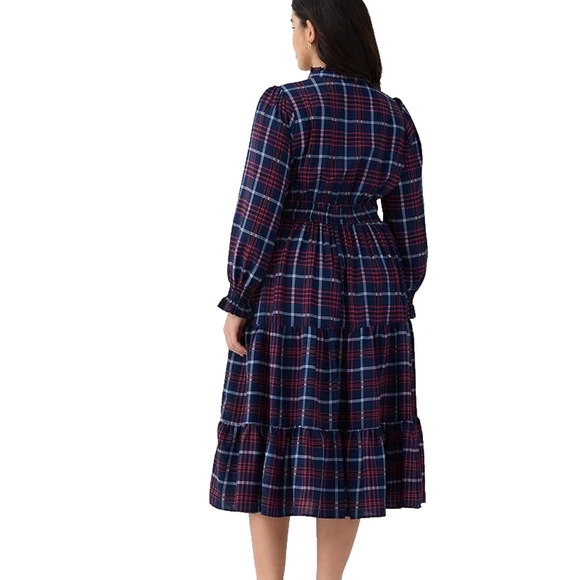 Womens Navy Plaid Cottage Preppy Prairie Classic Tiered Ruffle Midi Dress 1X - Picture 2 of 6